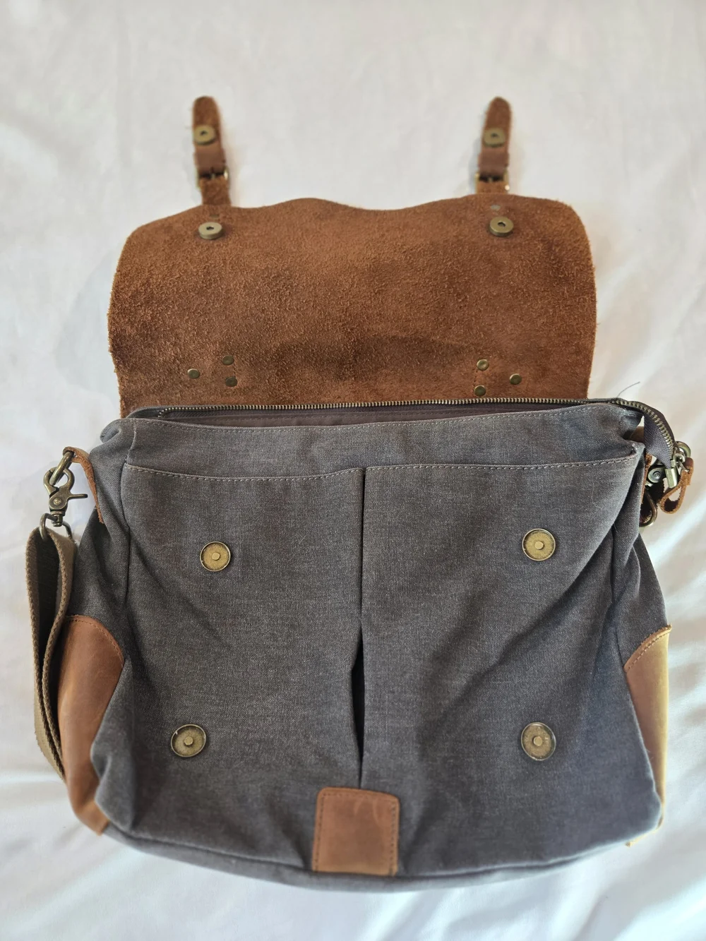 Leather-Trim Canvas Messenger Bag for Men - Brown & Gray